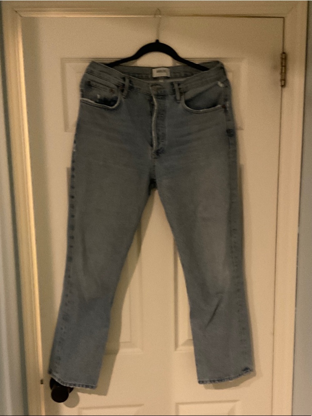 Agolde light blue denim jean size tag 27 rise 12 waist 15-16 inseam 27 button up